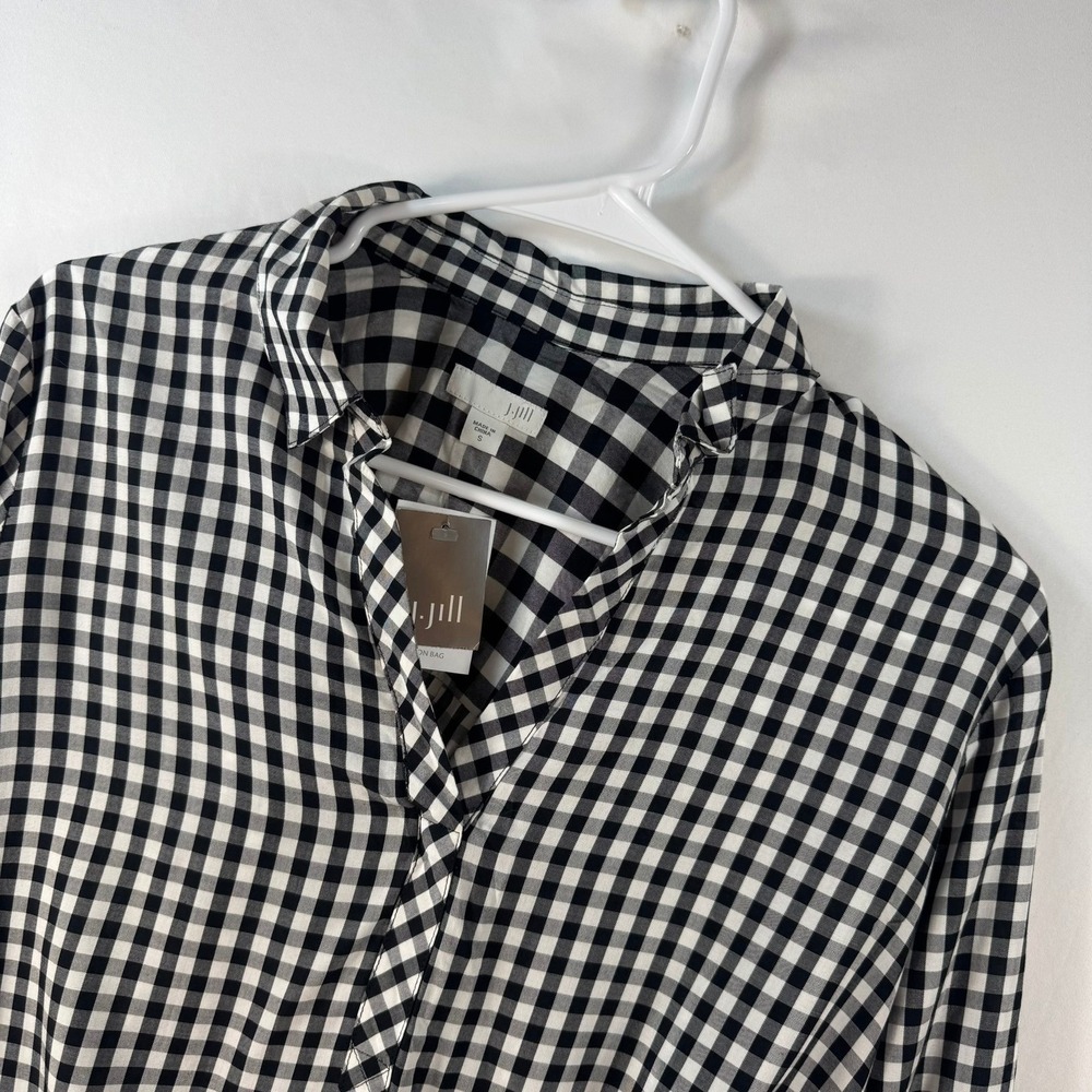 J. Jill Black White Gingham Check Rayon Split Neck Tunic Blouse Small